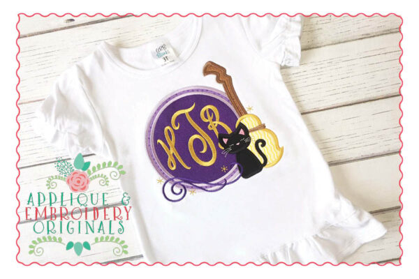 040 Cat and Broom Monogram Circle Applique Design - Image 2
