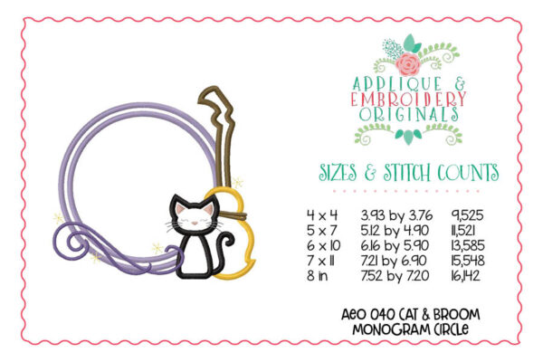 040 Cat and Broom Monogram Circle Applique Design - Image 3