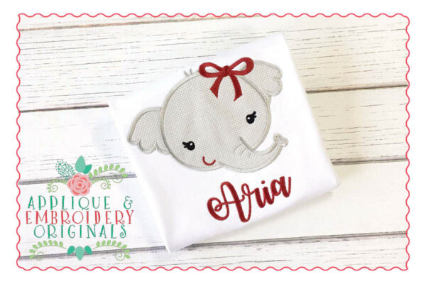 1429 Elephant Mascot Head Girl with Bow Applique Design