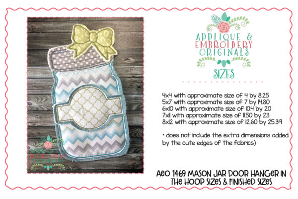 1469 Mason Jar with Bow Door Hanger In-The-Hoop Applique Design - Image 3