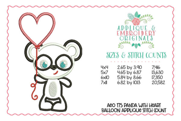 175 Panda with Heart Balloon Applique Design - Image 2
