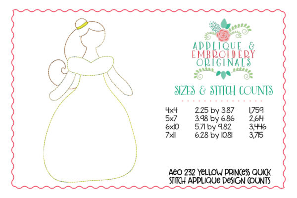 232 Yellow Beauty Princess Simple Stitch Applique Design - Image 3