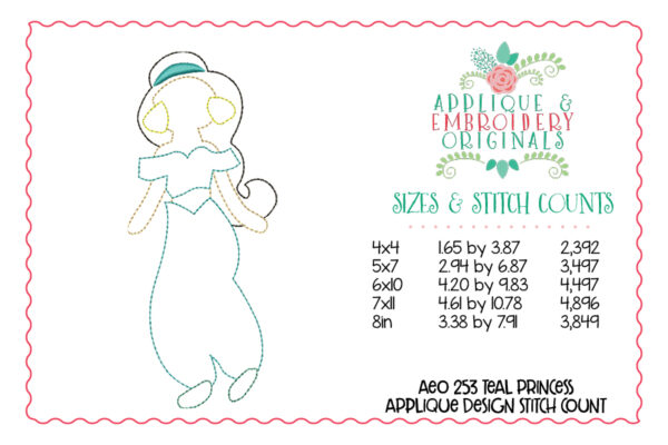 253 Teal Princess Simple Stitch Applique Design - Image 3