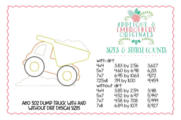 302 Dump Truck with and without Dirt Simple Stitch Applique Design - Image 2