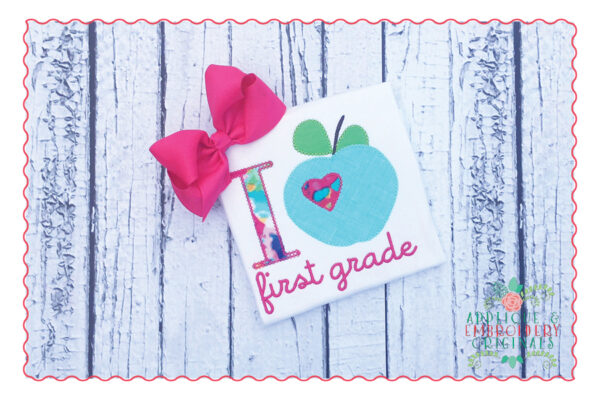 409 I Heart Grade with Apple Preschool, Kindergarten, 1st Applique Design
