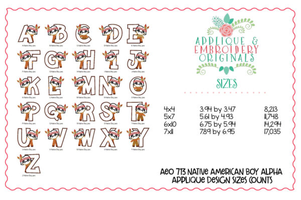 713 Native American Boy Alpha Font Applique Design - Image 3