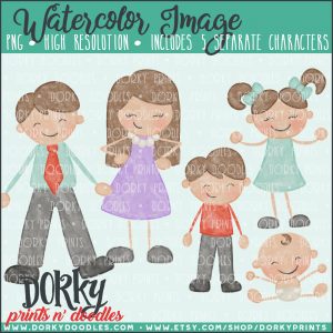 Family Characters Watercolor Printable Art - Brown Hair Family