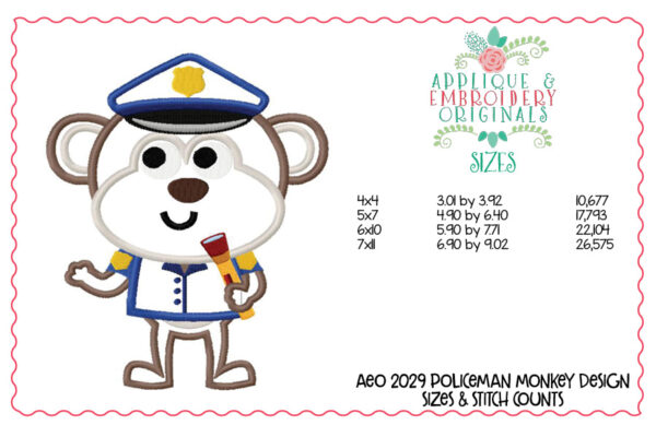 2029 Policeman Monkey Applique Design - Image 2