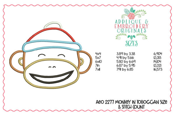 2277 Monkey in Toboggan Applique Design - Image 3