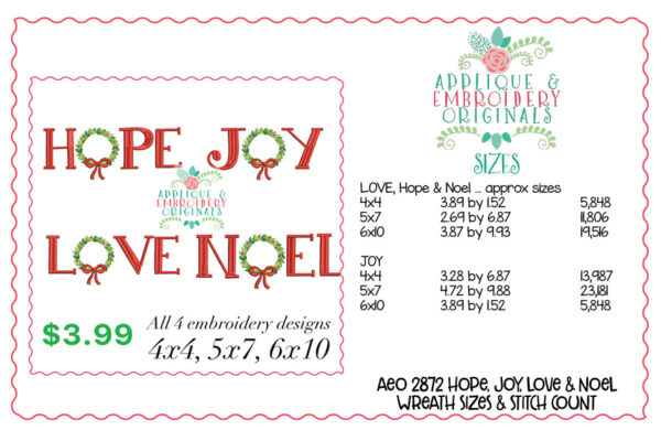 2872 Hope, Joy, Love & Noel Wreath Embroidery Design Set - Image 2
