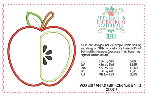 3017 Apple with Core All-In-One Applique Design - Image 2