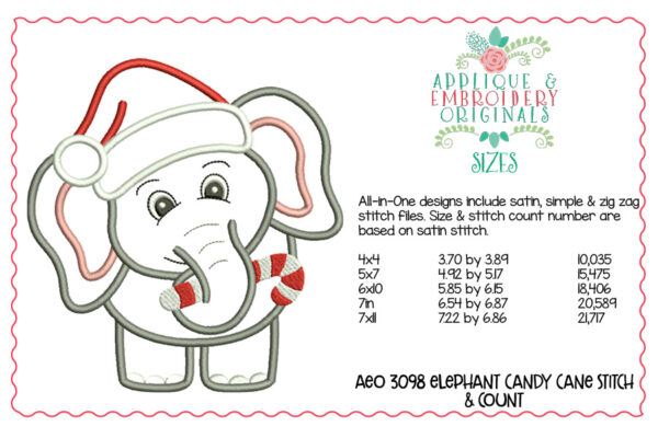 3098 Elephant Candy Cane All-In-One Applique Design - Image 3