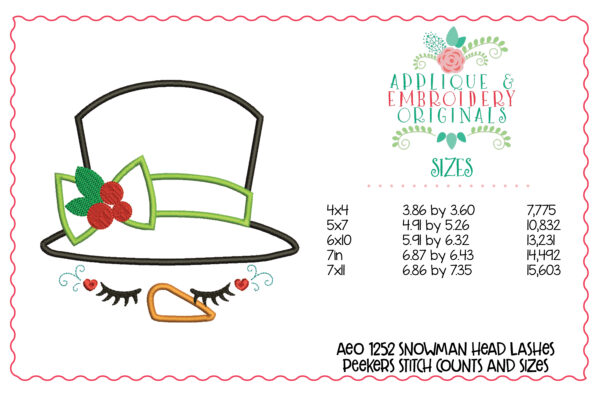 1252 Christmas Snowman Head Lashes Peekers Applique Design - Image 2