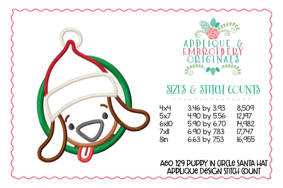 AEO 129 Puppy in Circle Santa Hat Applique Design