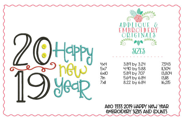 1333 2019 Happy New Year Embroidery Design - Image 3