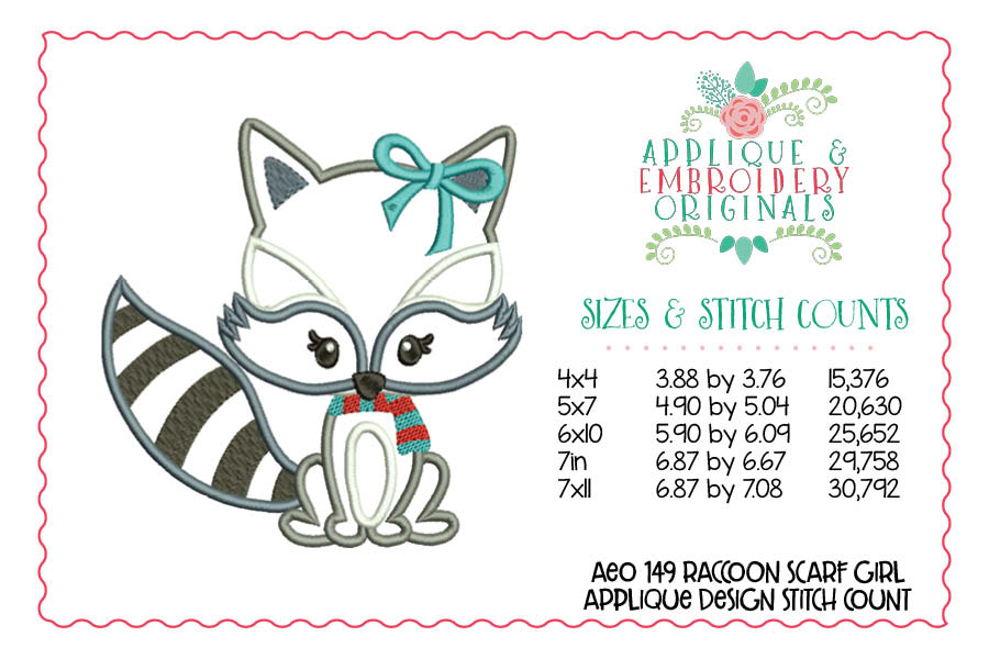 AEO 149 Raccoon Scarf Girl Applique Design