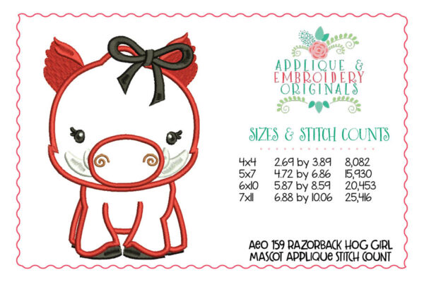 159 Razorback Hog Mascot Girl Applique Design - Image 2