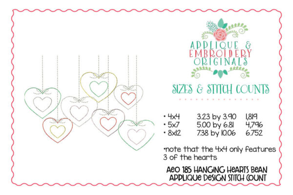 185 Hanging Hearts with Bean Stitch Applique Design - Image 4