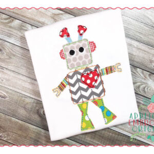 191 Robot with Heart Bean Stitch Applique Design