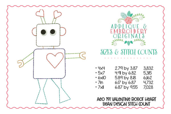 191 Robot with Heart Bean Stitch Applique Design - Image 3