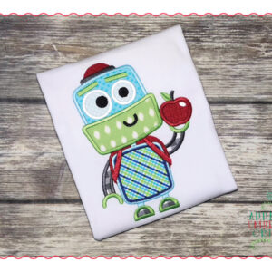 414 Robot with Apple and Backpack Applique Design