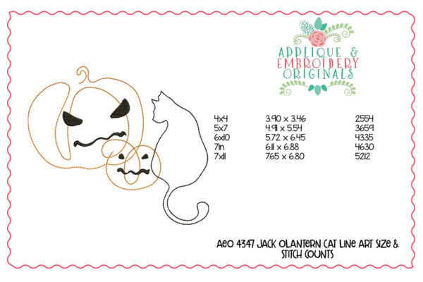 4347 Jack O'Lantern Cat Line Art Embroidery Design - Image 2