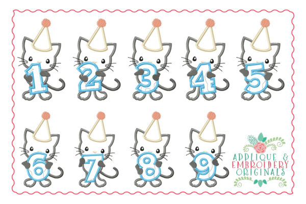 516 Birthday Kitty Cat Number 1-9 Birthday Number Applique Design - Image 2