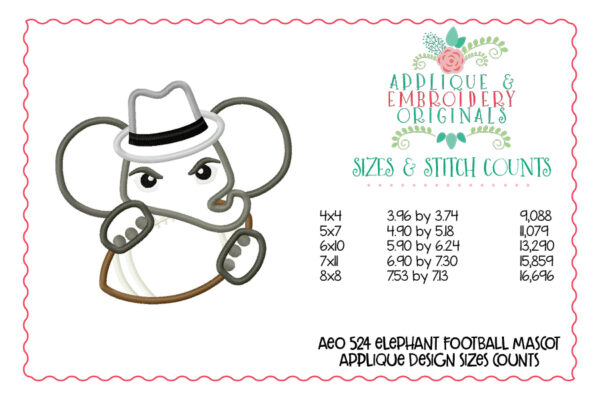 524 Elephant Fedora Football Mascot Applique Design - Image 3