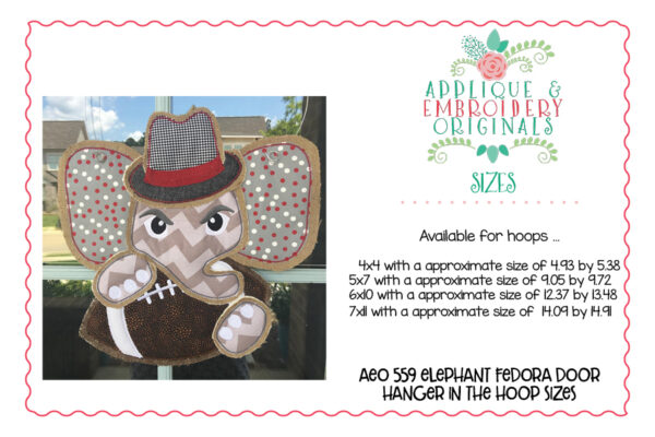 559 Elephant Fedora Football Door Hanger In-The-Hoop Applique Design - Image 4