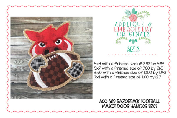 589 Razorback Football Door Hanger In-The-Hoop Applique Design - Image 3