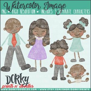 Family Characters Watercolor Printable Art - Black Hair Family