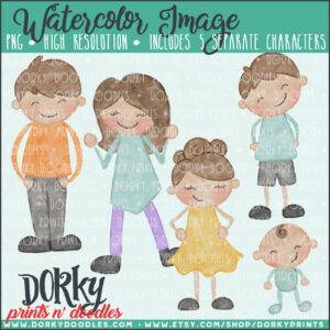 Family Characters Watercolor Printable Art - Brown Hair Family Alternates