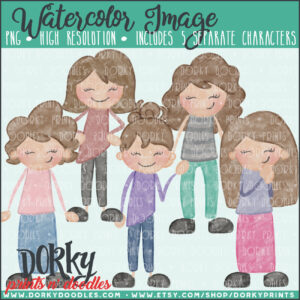 Family Characters Watercolor Printable Art - Brown Hair Women