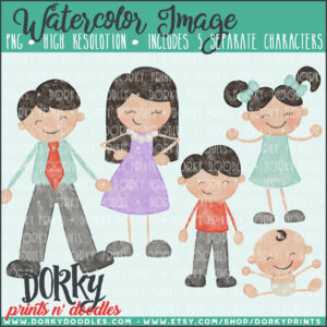Family Characters Watercolor Printable Art - Dark Hair Family