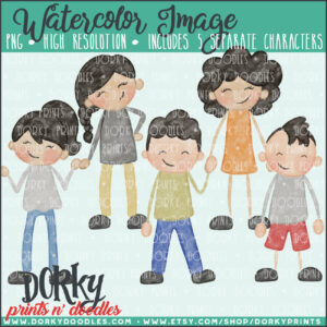 Family Characters Watercolor Printable Art - Dark Hair Teens