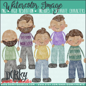 Family Characters Watercolor Printable Art - Medium Tone Men