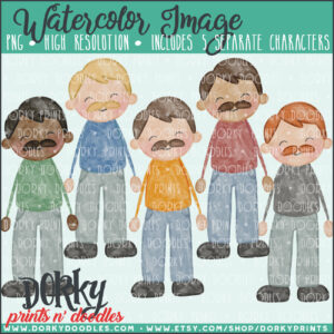 Family Characters Watercolor Printable Art - Mustache Men