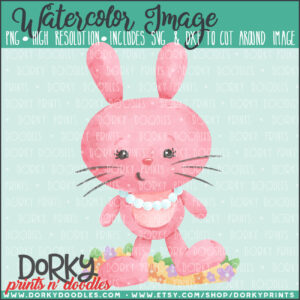 Pink Bunny with Flowers Watercolor Printable Art