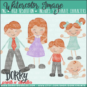 Family Characters Watercolor Printable Art - Red Hair Family