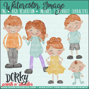 Family Characters Watercolor Printable Art - Red Hair Family Alternates