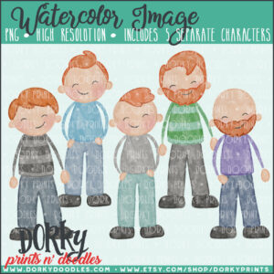 Family Characters Watercolor Printable Art - Red Hair Men